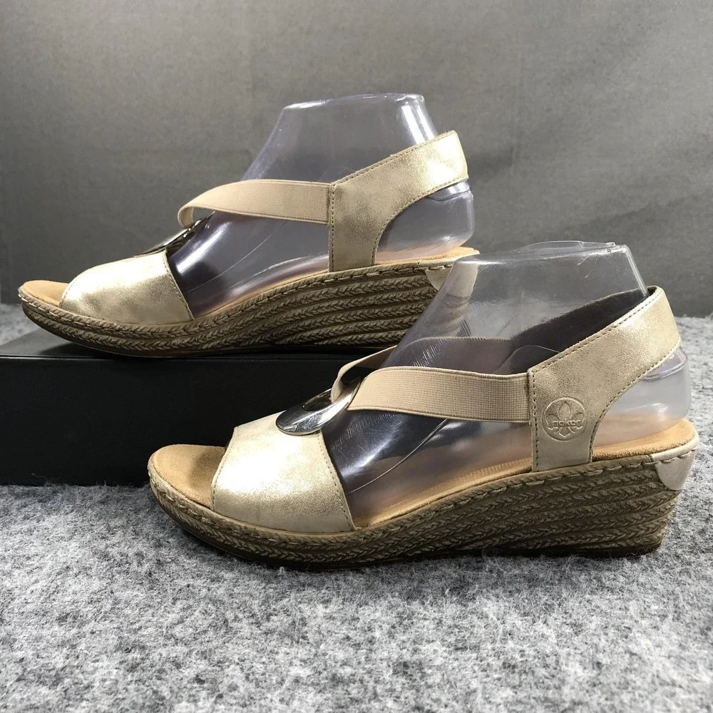 Rieker Wedge Sandals Womens 8 Beige Stretch Espadrille Medallion Comfort